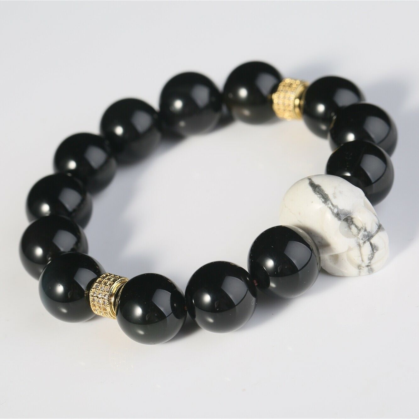 Black Obsidian Quartz Bracelet Howlite Skull Men Fashion Healing Crystal Beads