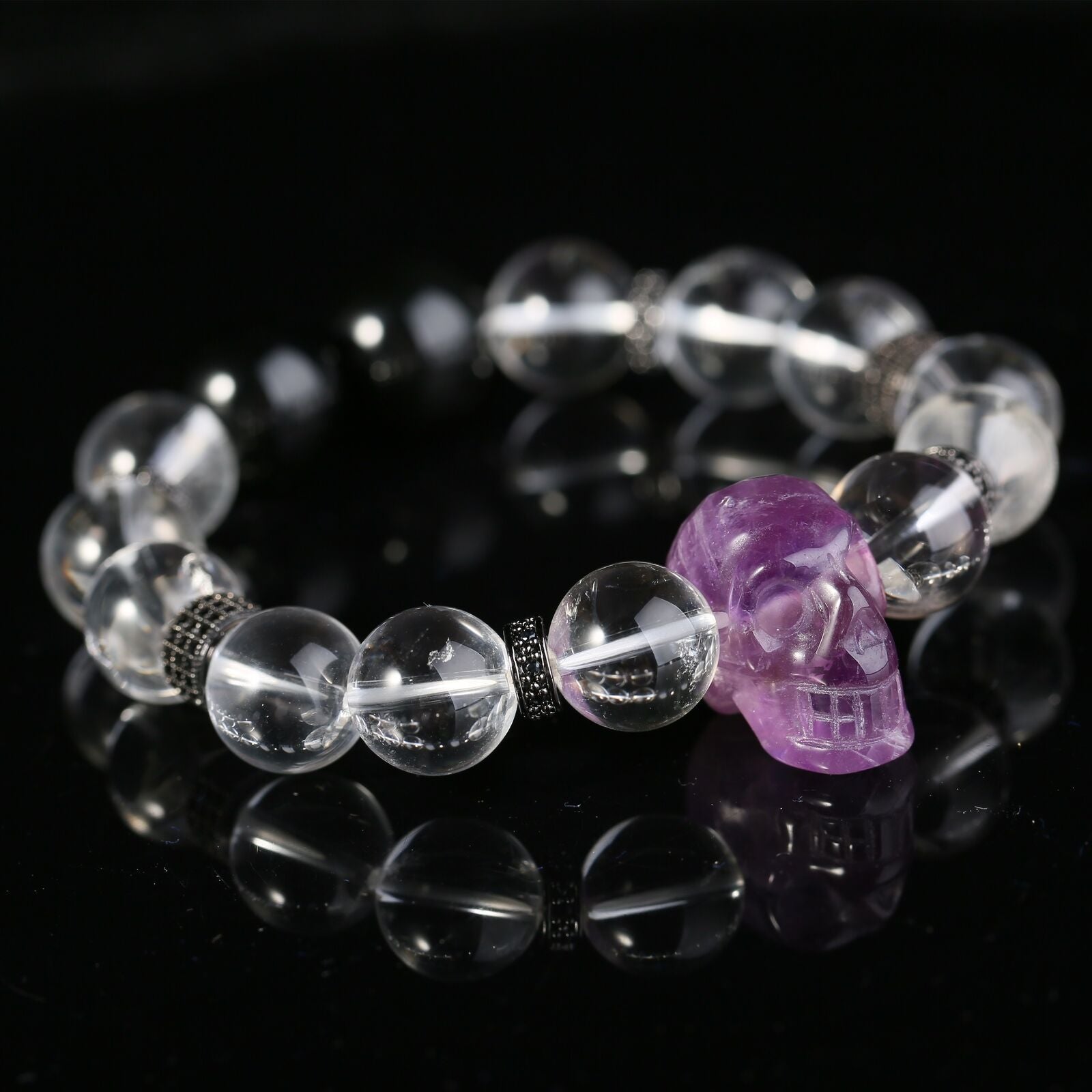 Purple Amethyst Skull Gothic Bracelet Fashion White QUARTZ Crystal Beads Jewelry