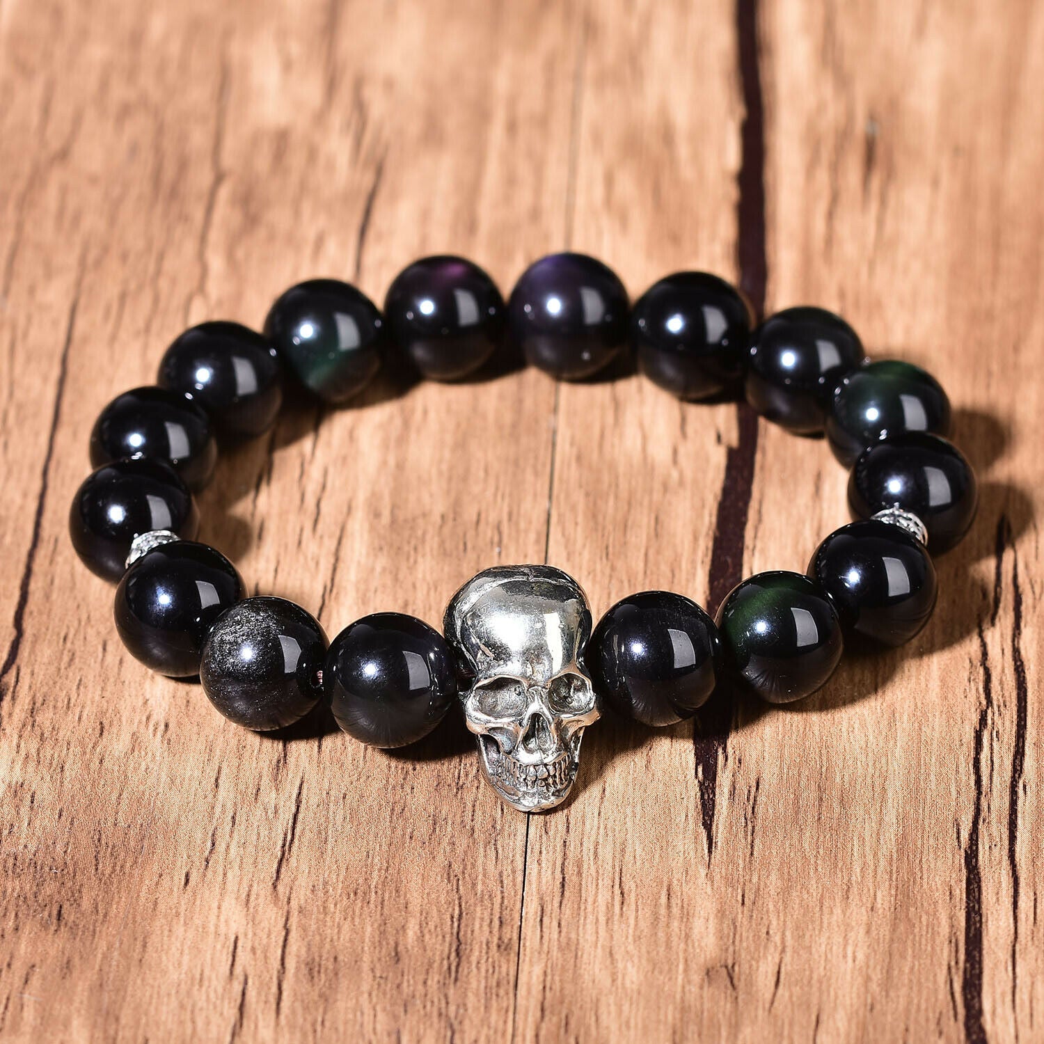 12mm Natural Obsidian Bracelet Chakra Skull Fashion Crystal Bead Silver Decor