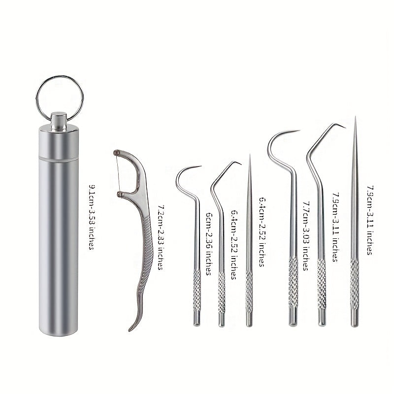 7-Piece Professional Dental Cleaning Kit: Reusable Stainless Steel Toothpicks & Portable Floss For Optimal Teeth Cleaning