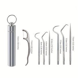 7-Piece Professional Dental Cleaning Kit: Reusable Stainless Steel Toothpicks & Portable Floss For Optimal Teeth Cleaning