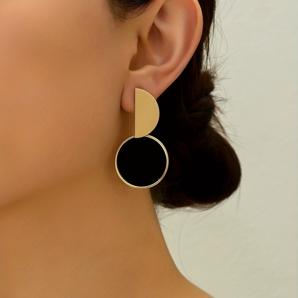 Golden Simple Splicing Black Contrast Color Round Shaped Stud Earrings Zinc Alloy Jewelry For Women Girls Daily Wear