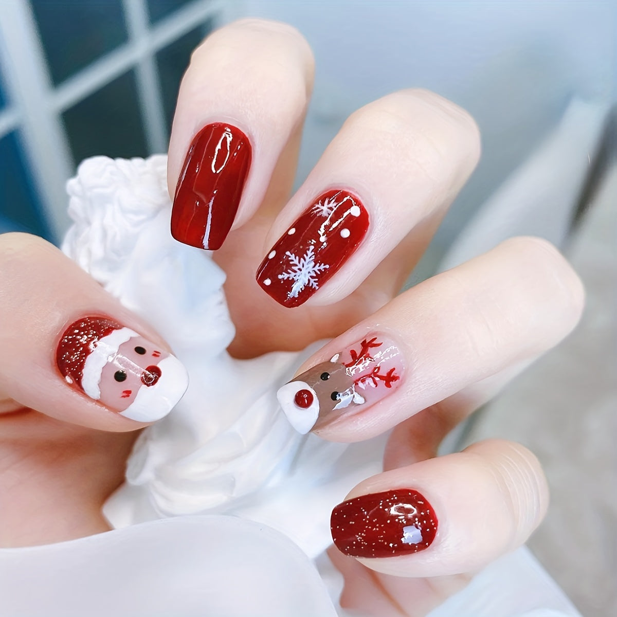 24pcs Glossy Short Square Fake Nails, Christmas Red Glitter Press On Nails With Santa Claus Snowflake And Cute Elk Design, Cartoon False Nai