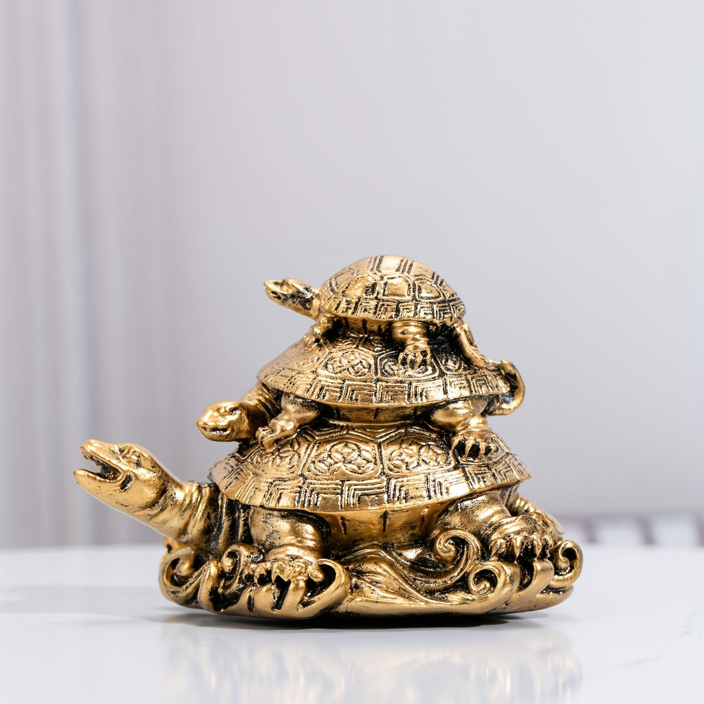 1pc, Feng Shui Three Tier Tortoise (Three Generation Turtle) Golden Resin Statue, Art Tortoise Sculpture Model, Resin Animal Home Decoration