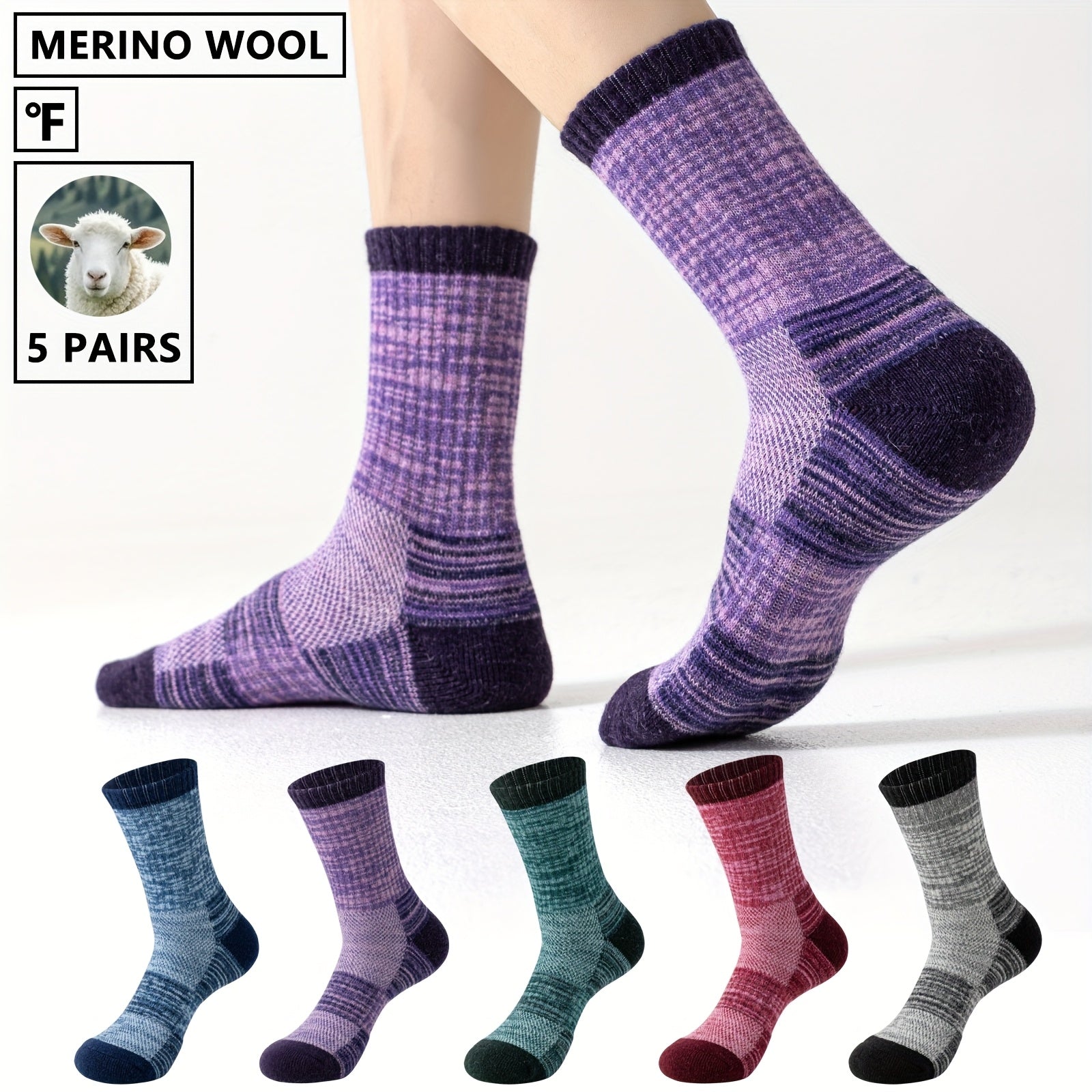 5 Pairs Merino Wool Hiking Socks Outdoor Men&Women Trail Running Trekking Moisture Wicking Cushion Crew Socks