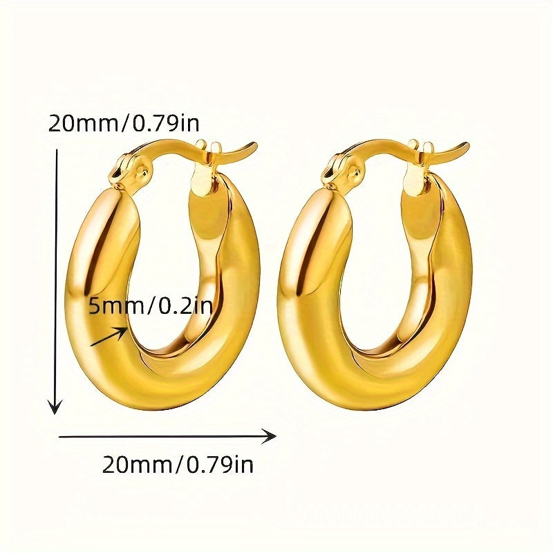 Fashionable Stainless Steel Round Thick Loop Earrings, Plated With 18K Golden Glossy Round Earrings, Perfect For Anniversary Birthday Gifts