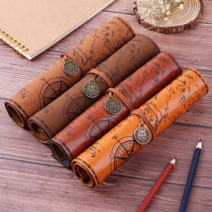 Retro Treasure Map Pencil Case: PU Leather Big Capacity Pen Bag for Makeup, Brushes & School Supplies