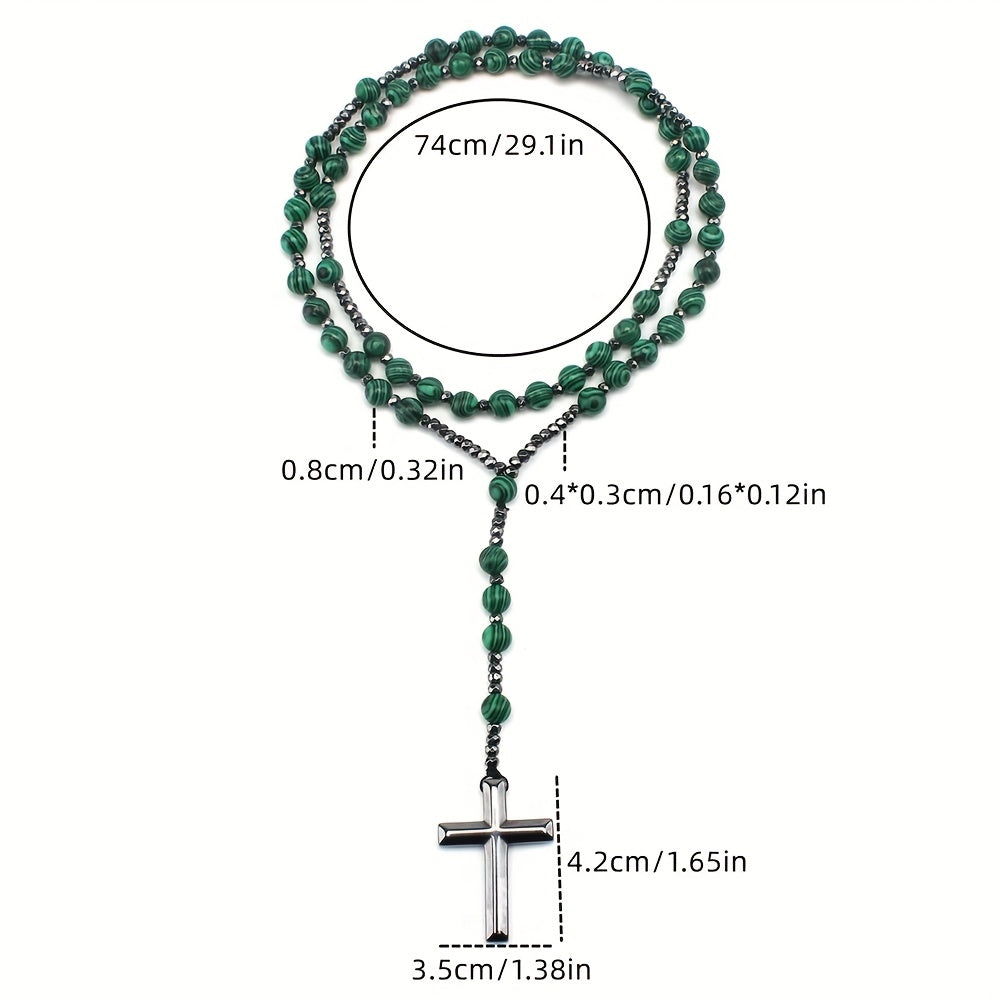 1pc Fashion Retro Style Jewelry, Natural Stone Round Beads Malachite Hematite Cross Religious Rosary Beads Men's Long Necklace, For Daily We