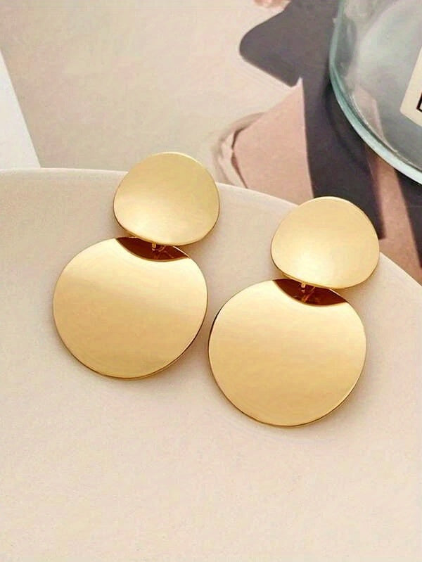 Double Round Design Dangle Earrings Alloy 14K Gold Plated Simple Classic Style For Women Girls Party Ear Accessories