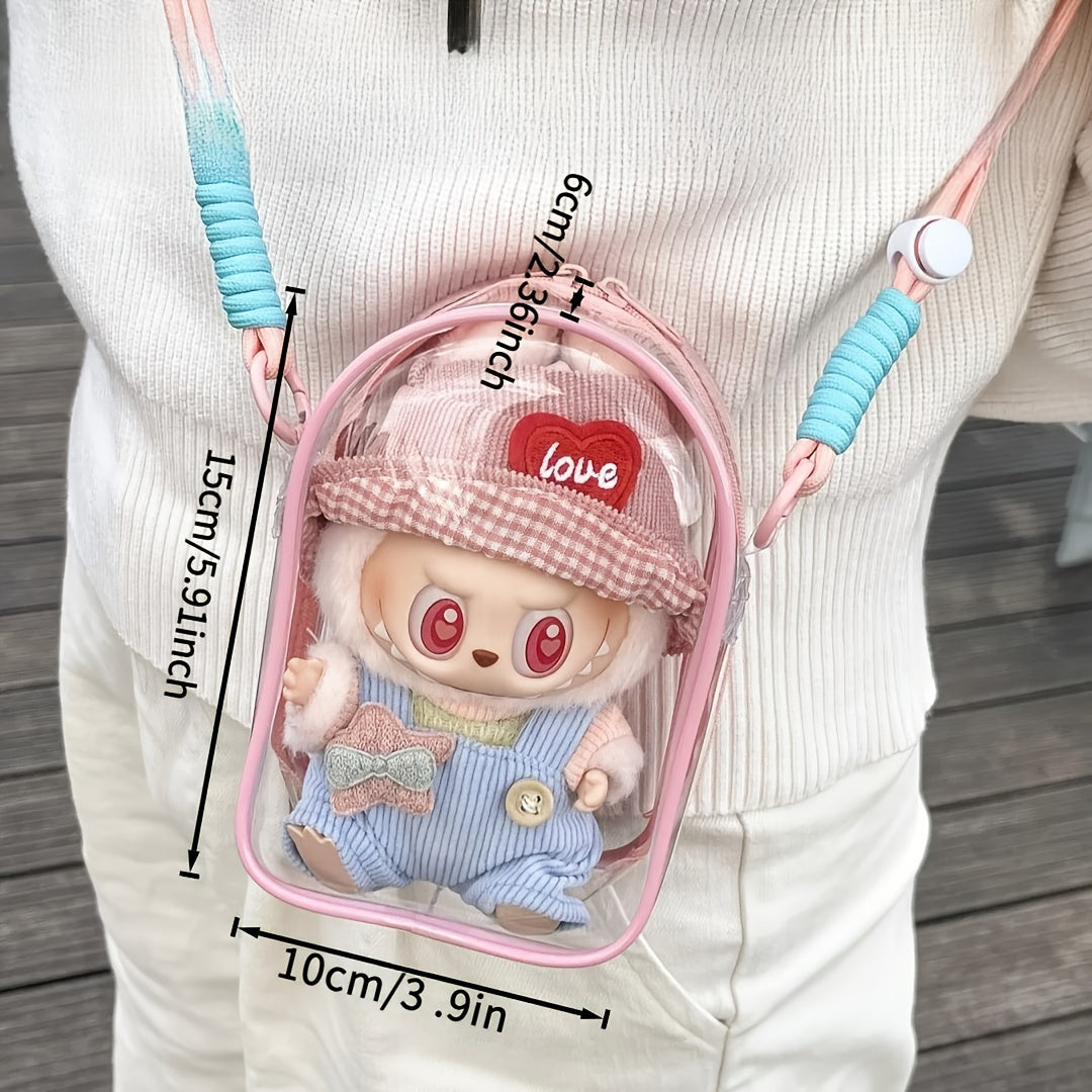 Labubu Vinyl Sitting Party 5.91inch Doll Crossbody Bag | Multi-Color Transparent PVC Storage with Cartoon Design | Adjustable Strap & Zipper Closure | Ideal for Essentials, Bag