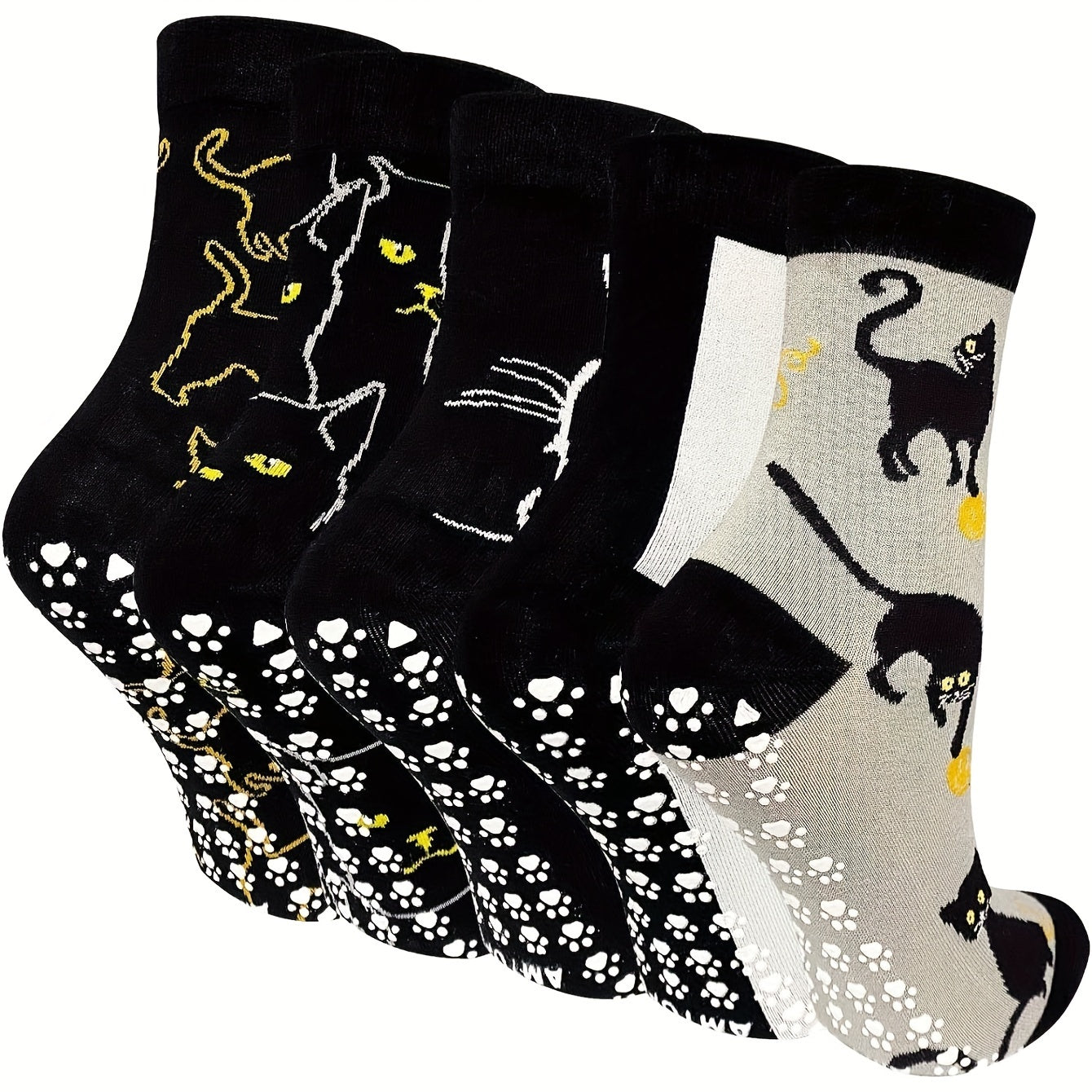 Non Slip Socks For Women Grip Socks Novelty Cat Non Skid Socks Ladies Funny Anti Slip Socks 5 Pairs Sports