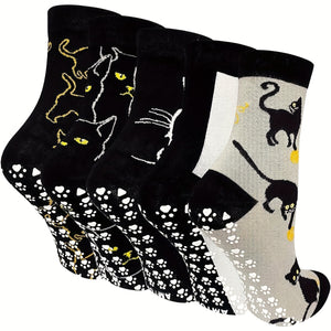 Non Slip Socks For Women Grip Socks Novelty Cat Non Skid Socks Ladies Funny Anti Slip Socks 5 Pairs Sports
