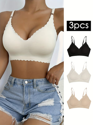 3-Piece Chic Wavy Trim Bralettes - Seamless & Breathable for Daily Comfort | Wireless Intimates Set - Everyday Elegance