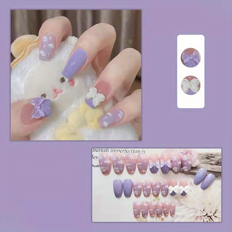 24pcs Heart Design Press On Nails with Rhinestones - Long Coffin Fake Nails for Women, Girls, and Men - Full Glue On Acrylic Artificial Nail