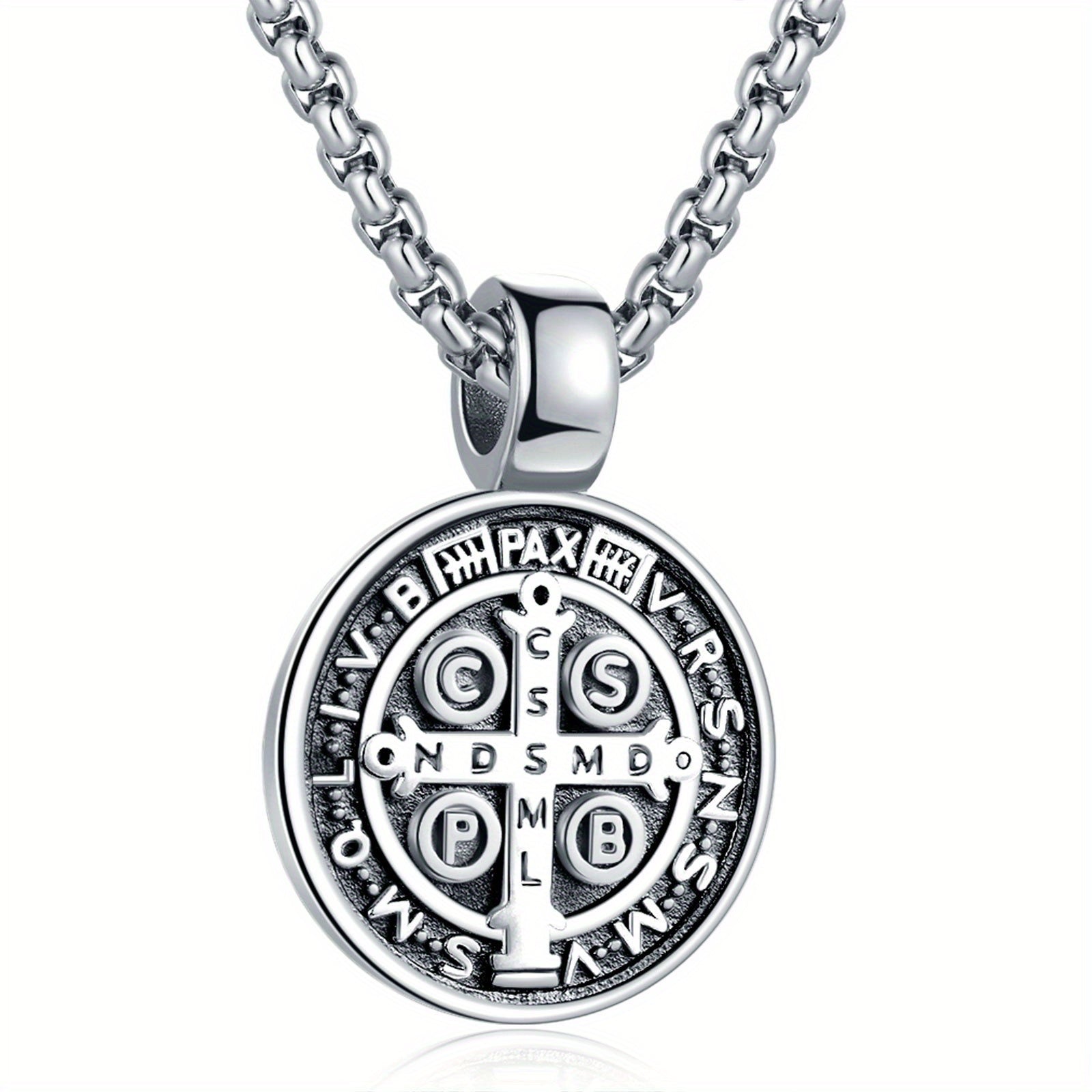 Men's St Benedict Exorcism Medal Stainless Steel Pendant Necklace