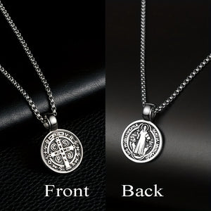 Men's St Benedict Exorcism Medal Stainless Steel Pendant Necklace