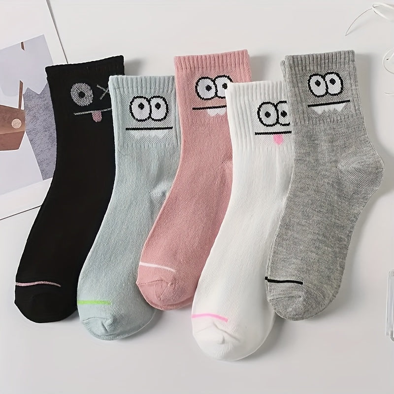 5 Pairs Mid-Calf Socks for Men & Women - 5 Colors Cartoon Face Design, Soft Polyester All-Season Couple Socks for Home, Sleep, Sports & Casual Wear - Machine Washable, Sleepwear Accessories, Cute Socks