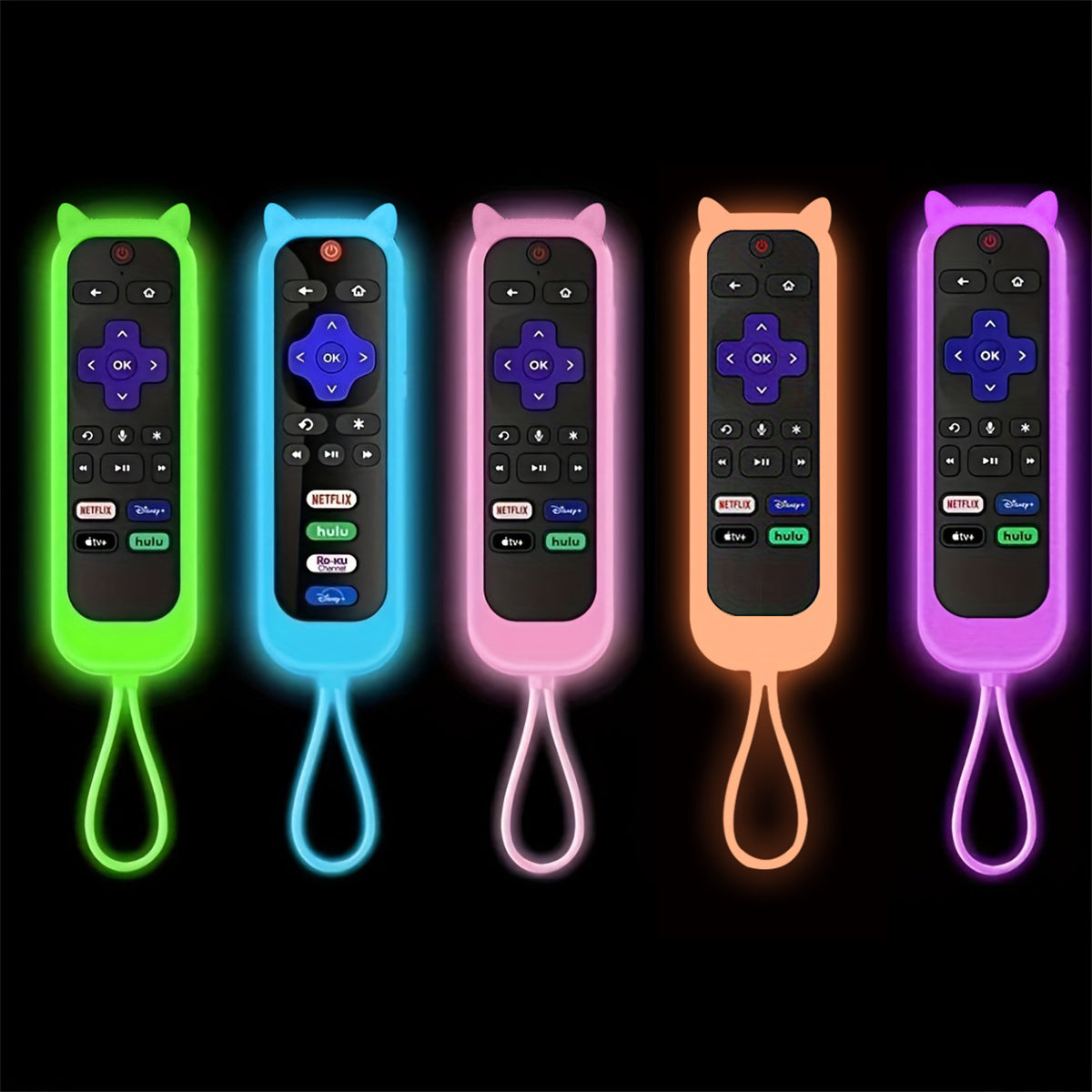 Glow In The Dark Cute Cat's Ears Shaped Silicone Universal Remote Control Cover With Lanyard Suitable For TCL For Hisense For Roku TV Remote