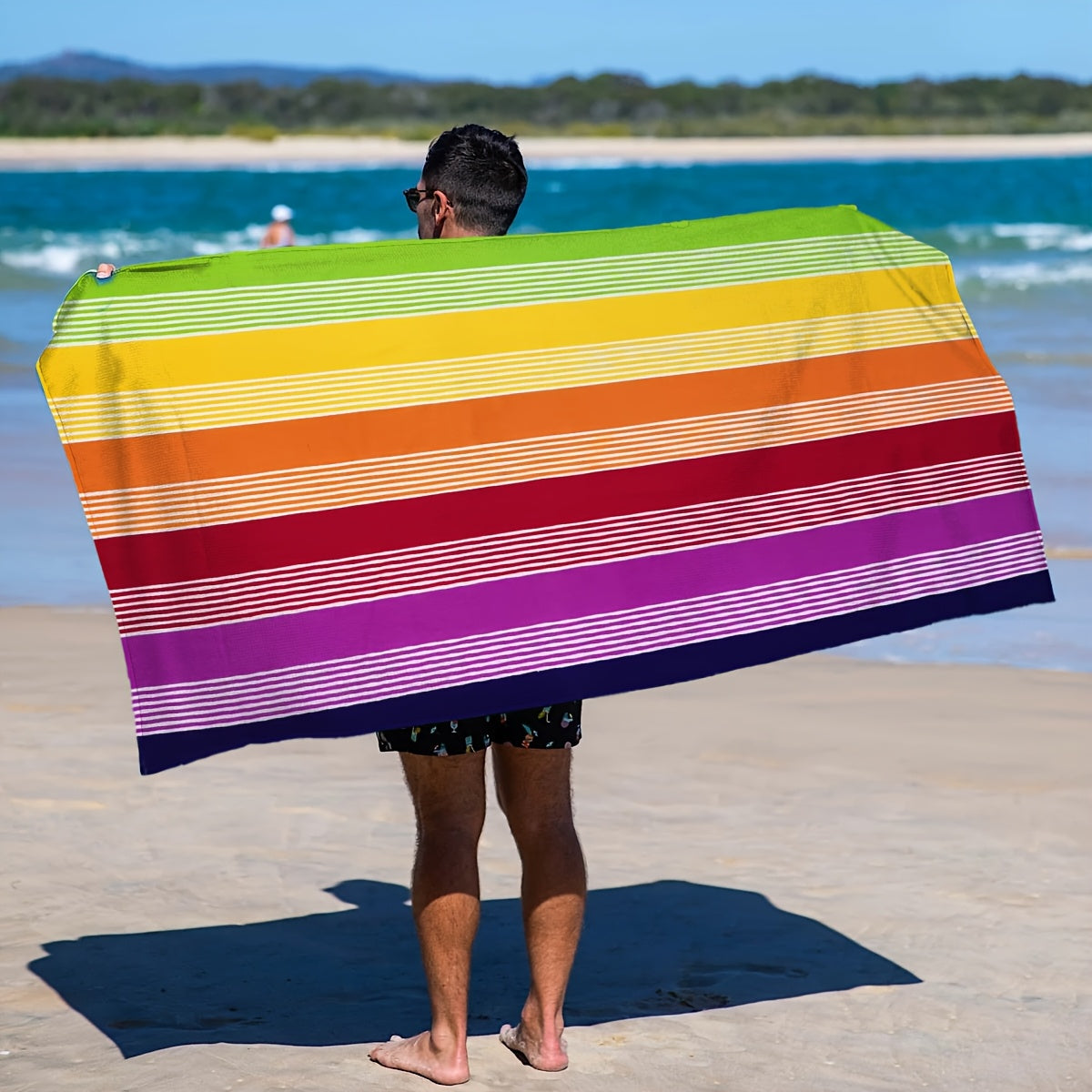 Ultra-Soft Oversized Rainbow Striped Beach Towel - Vibrant Rainbow Colors, Quick-Dry Microfiber, Strong Wrap Design for Beach & Pool Use, Beach