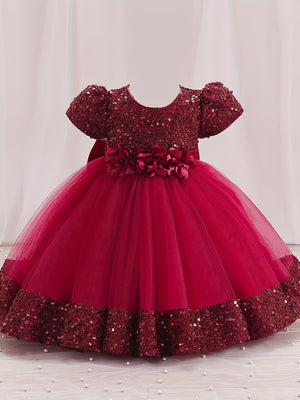 Sparkling Sequin Princess Tutu Dress for Girls - Midi, Belted, Puff-Sleeve with Comfort Viscose Lining, Perfect for Spring-to-Fall