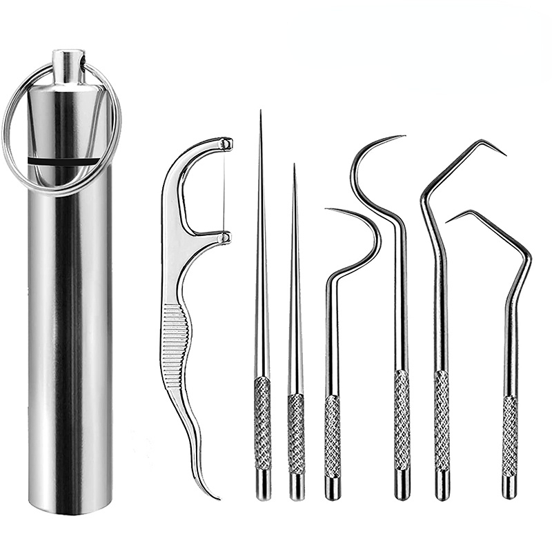 7-Piece Professional Dental Cleaning Kit: Reusable Stainless Steel Toothpicks & Portable Floss For Optimal Teeth Cleaning