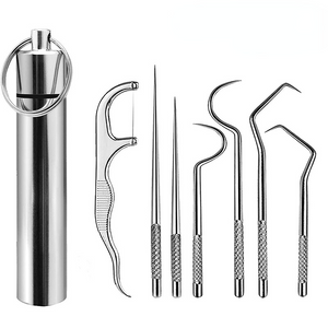 7-Piece Professional Dental Cleaning Kit: Reusable Stainless Steel Toothpicks & Portable Floss For Optimal Teeth Cleaning