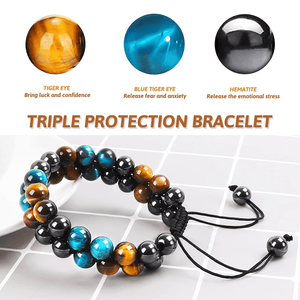 Triple Protection Bracelet, MIDON Crystal Bracelet For Men Tiger Eye Beads Hematite And Black Obsidian Natural Stone 8mm Healing Bracelets G