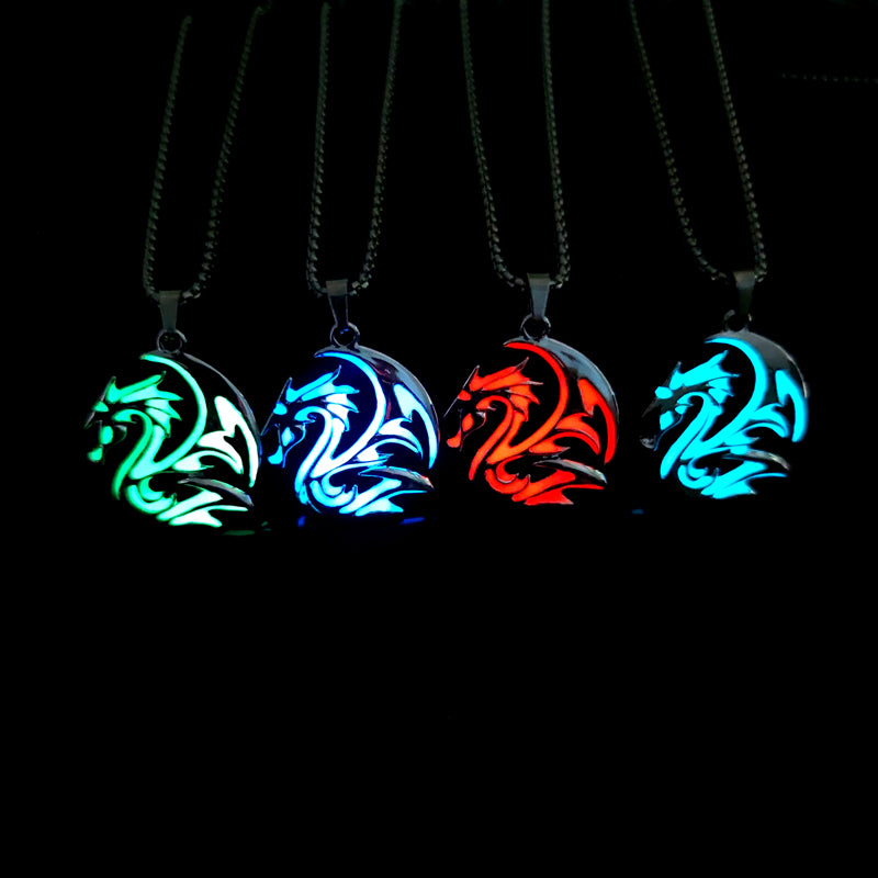 Men's New Hip Hop Funky Flame Dragon Luminous Stainless Steel Pendant Necklace