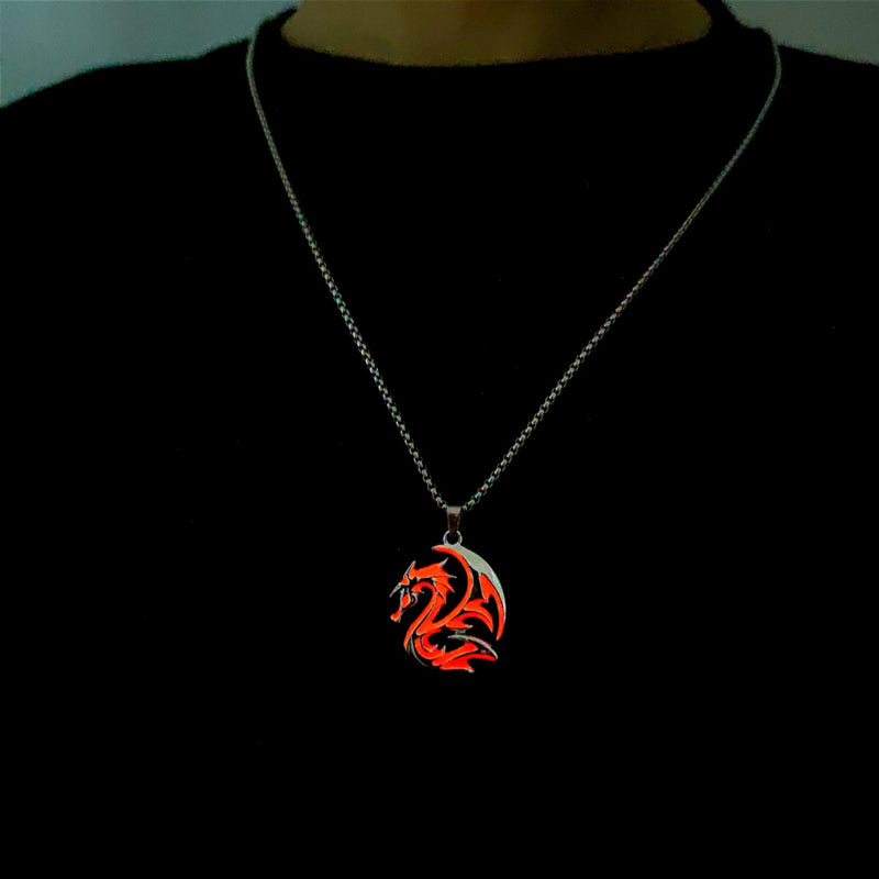 Men's New Hip Hop Funky Flame Dragon Luminous Stainless Steel Pendant Necklace