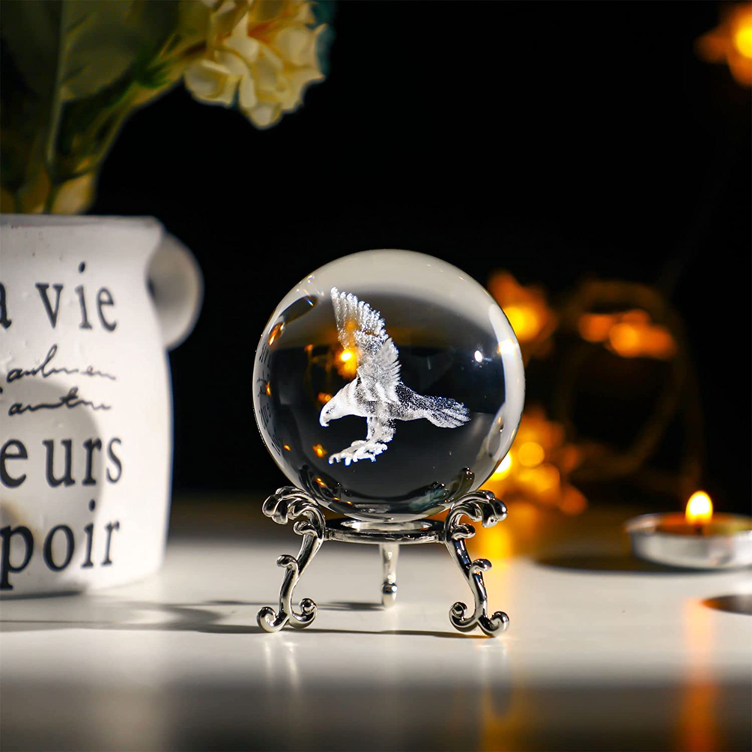 1pc, Engraved Eagle Crystal Ball Paperweight With Stand 60mm (2.4inch) 3D Laser Etched Glass Spheres Decorative Balls (Clear)