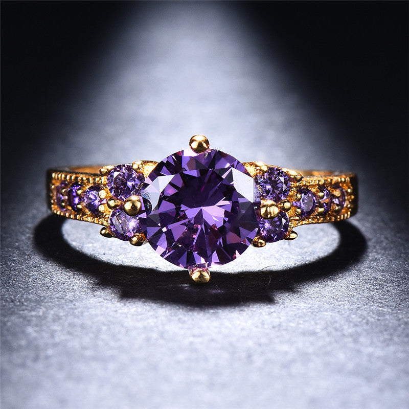 Boho Purple Pink Zircon Ring Round Cut 18k Gold Plated Wedding Engagement Evening Party Ring