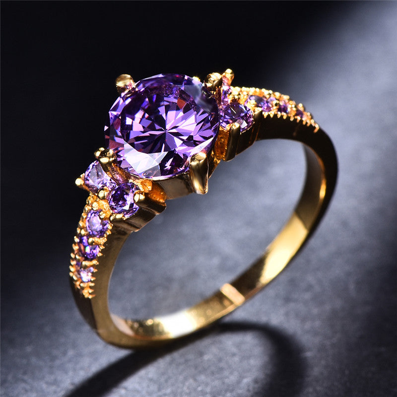 Boho Purple Pink Zircon Ring Round Cut 18k Gold Plated Wedding Engagement Evening Party Ring