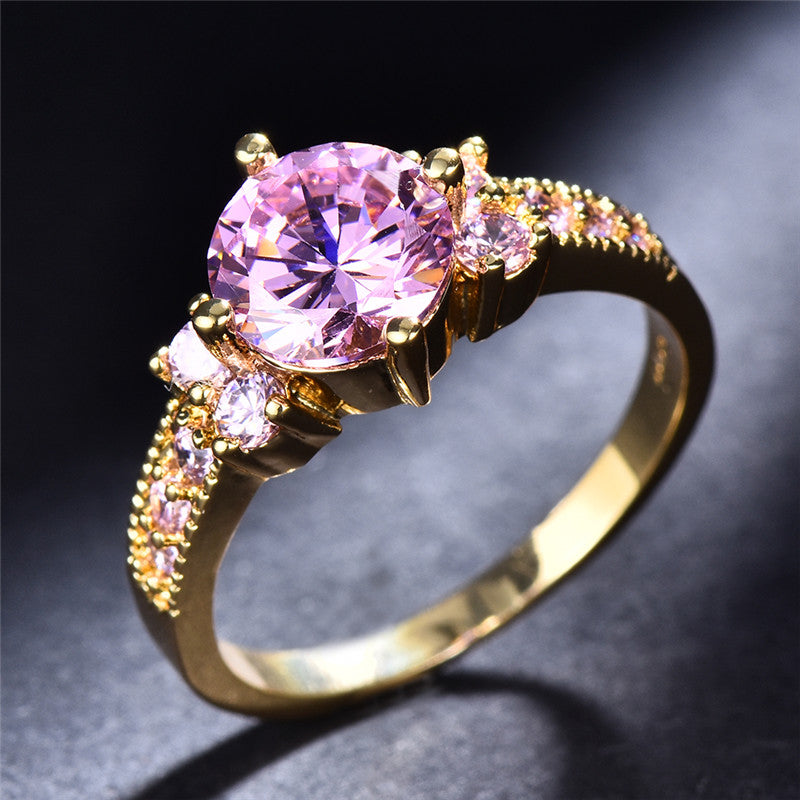 Boho Purple Pink Zircon Ring Round Cut 18k Gold Plated Wedding Engagement Evening Party Ring