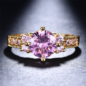 Boho Purple Pink Zircon Ring Round Cut 18k Gold Plated Wedding Engagement Evening Party Ring