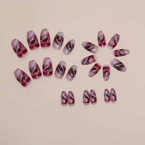 24pcs Glossy Short Ballet Fake Nails, Gradient Purple Press On Nails With Silvery Stripe Design, Smudged Marble False Nails For Women Girls