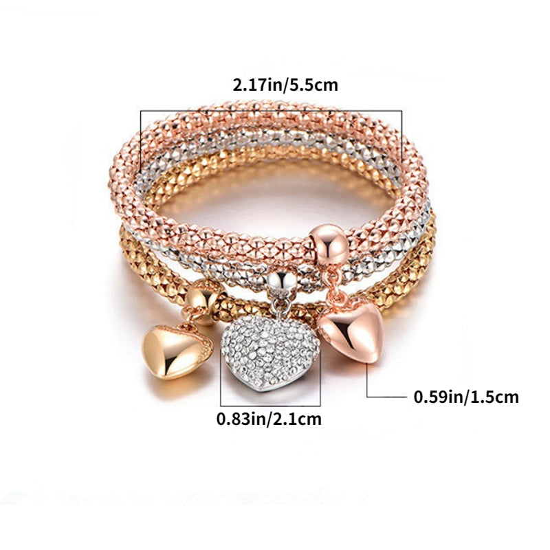 3pcs/Set, Mother's Day/Girlfriend Gift, Crystal Charms Multilayer Bracelets - 3Pcs Alloy Corn Chain Bracelet For Women, Heart Shaped Stretch