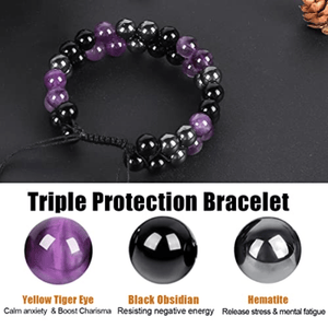 Triple Protection Bracelet For Men Amethyst Hematite Black Obsidian Handmade Jewelry Bracelet 8mm Beads Healing Crystal Bracelet,Bring Luck