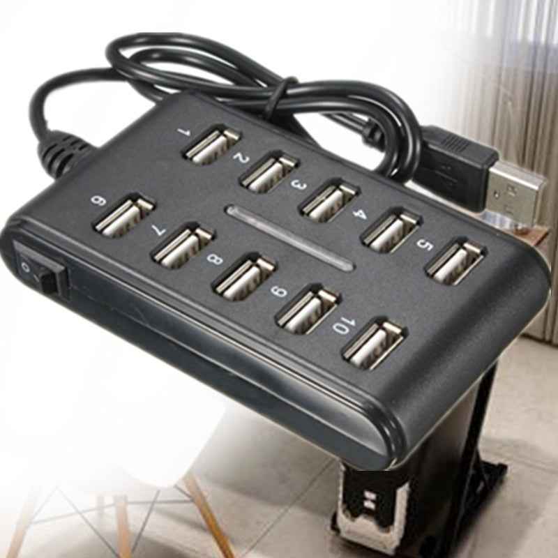 1pc Portable General Purpose Work Home With Switch ABS Plastic Double Row Ten Port USB HUB