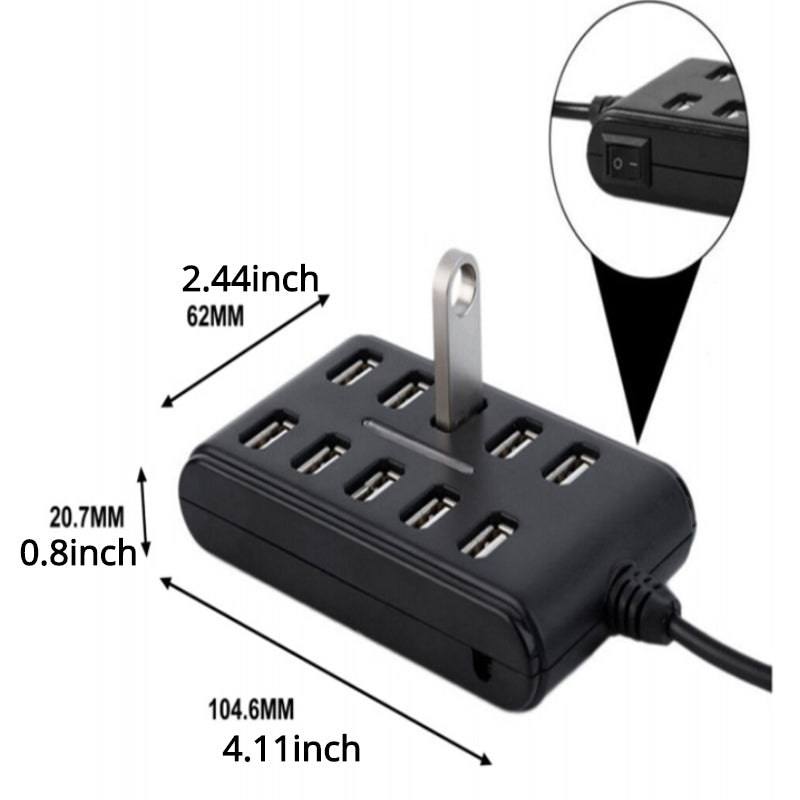 1pc Portable General Purpose Work Home With Switch ABS Plastic Double Row Ten Port USB HUB