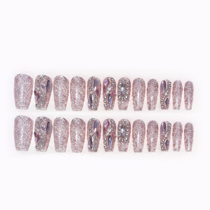 24pcs Glossy Long Ballet Fake Nails, Luxury Full Rhinestone Press On Nails, Y2K Pink False Nails For Women Girls Daily Party Wear