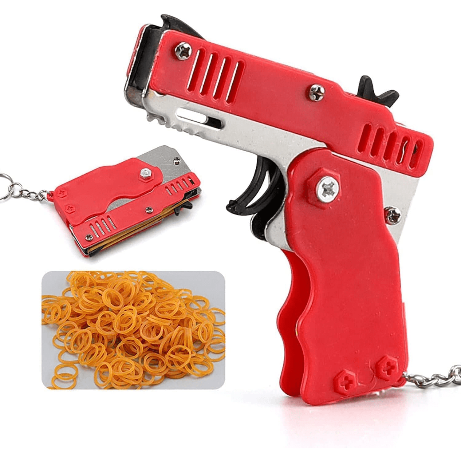 Metal Burst Rubber Band Toy - Mini Folding Launcher Toy With Keychain And 60pcs Rubber Bands, Safe Portable Shooting Toy For Indoor Outdoor