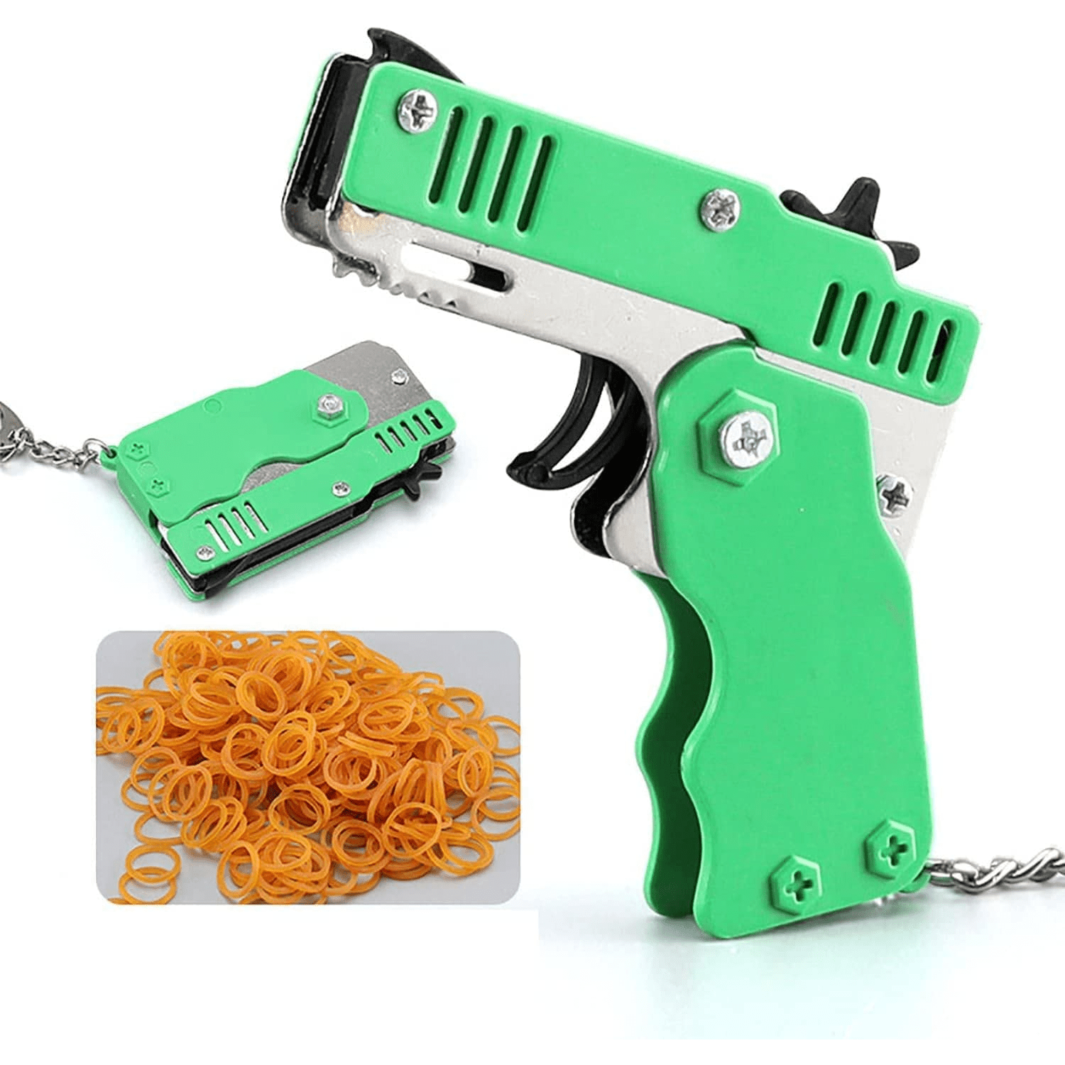 Metal Burst Rubber Band Toy - Mini Folding Launcher Toy With Keychain And 60pcs Rubber Bands, Safe Portable Shooting Toy For Indoor Outdoor