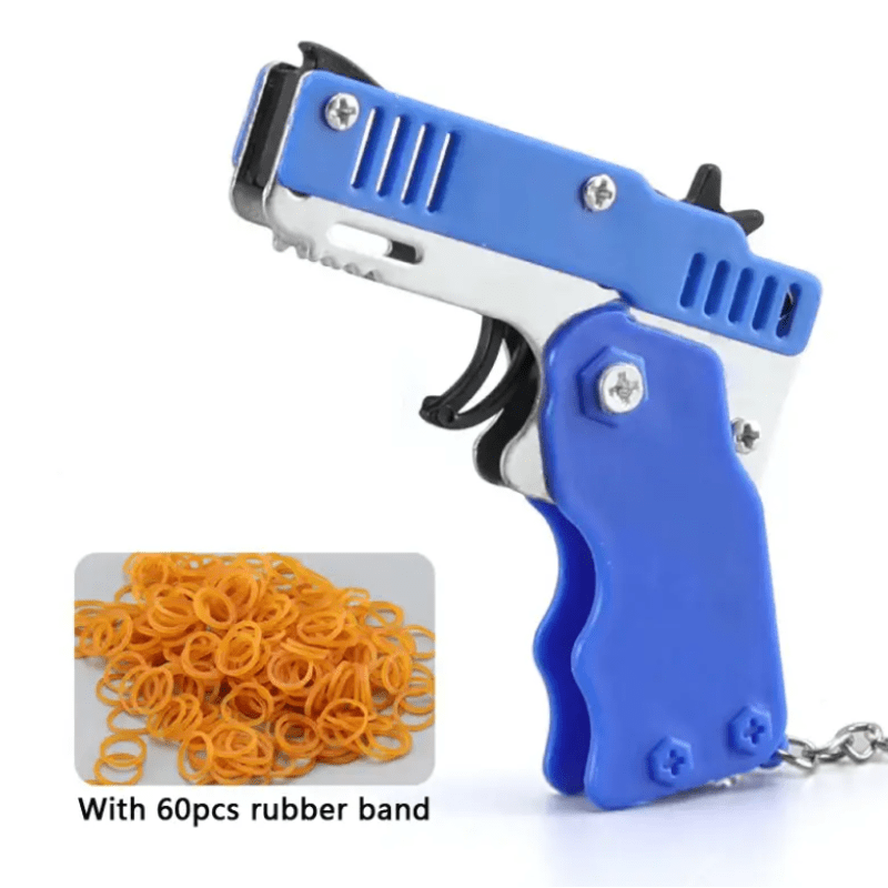 Metal Burst Rubber Band Toy - Mini Folding Launcher Toy With Keychain And 60pcs Rubber Bands, Safe Portable Shooting Toy For Indoor Outdoor