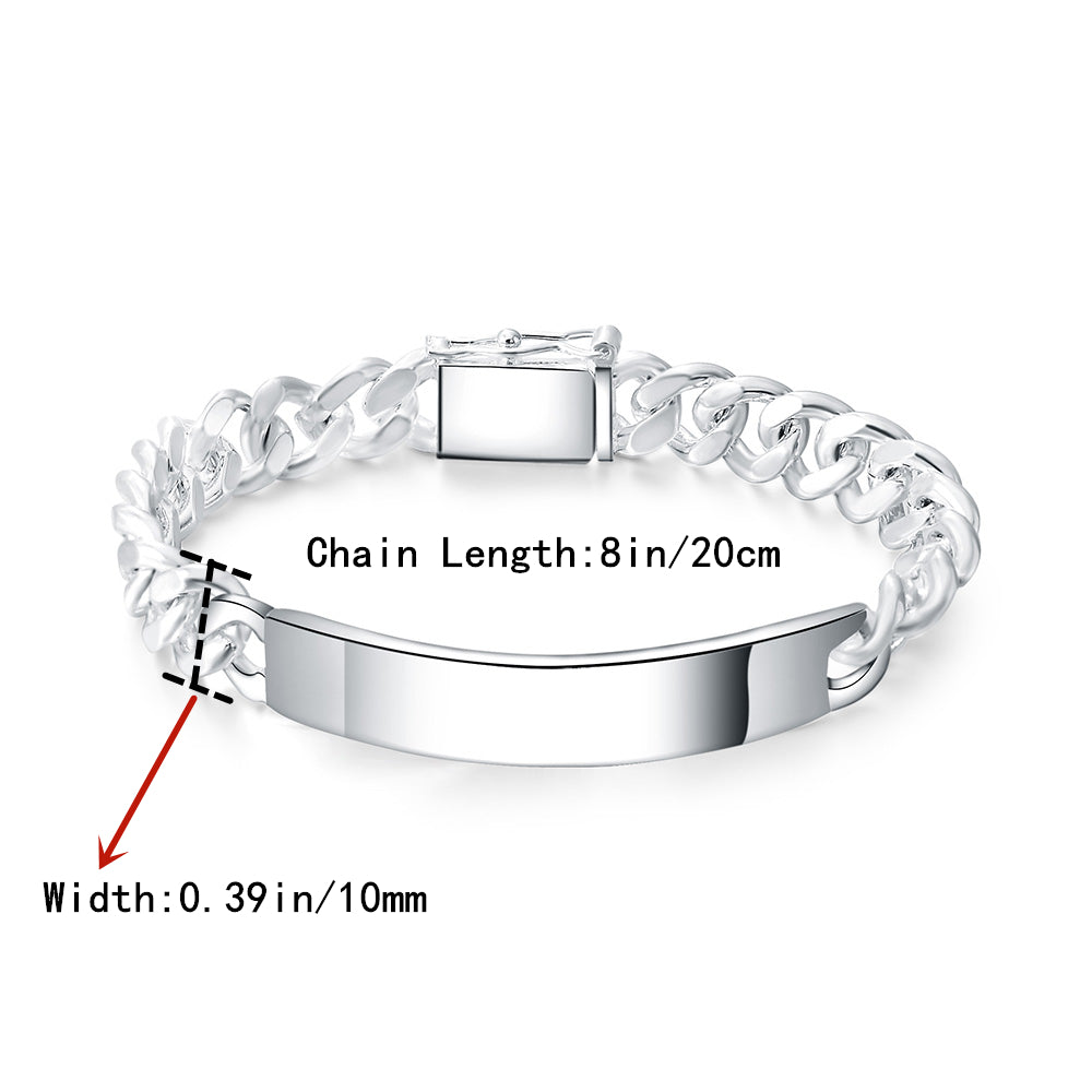 1pc Stylish 10MM Sterling Silver Men's Curved Long Plate Chain Bracelet - A Perfect Gift For Man