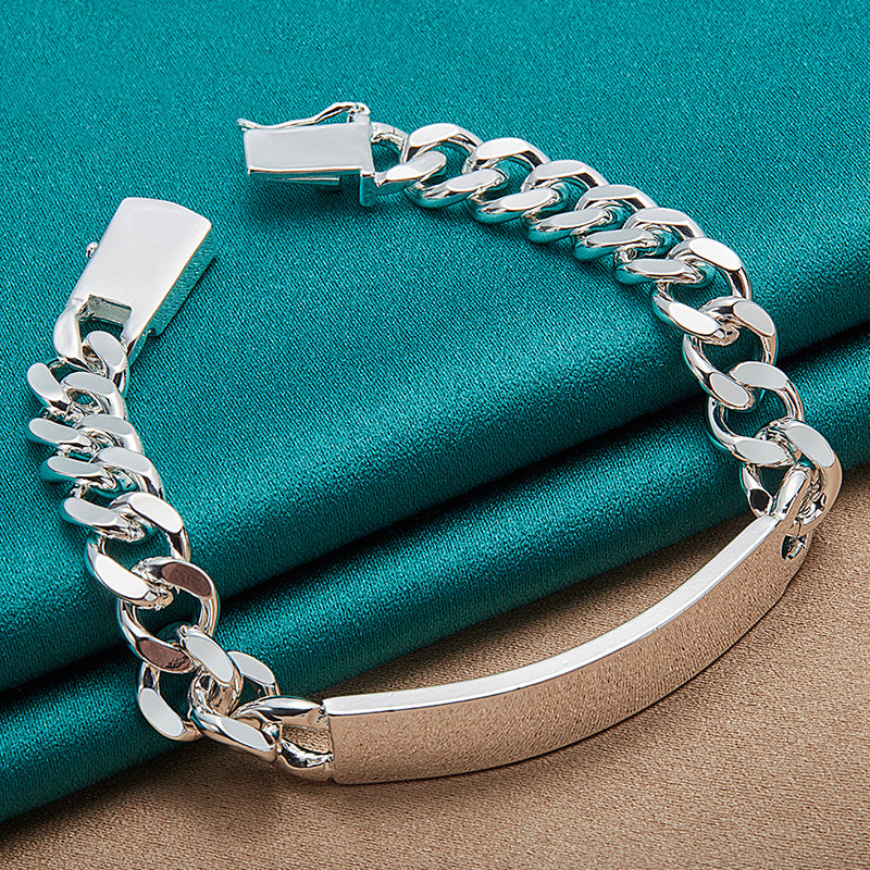 1pc Stylish 10MM Sterling Silver Men's Curved Long Plate Chain Bracelet - A Perfect Gift For Man