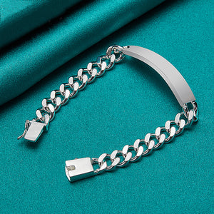 1pc Stylish 10MM Sterling Silver Men's Curved Long Plate Chain Bracelet - A Perfect Gift For Man