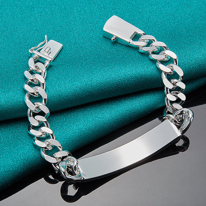 1pc Stylish 10MM Sterling Silver Men's Curved Long Plate Chain Bracelet - A Perfect Gift For Man