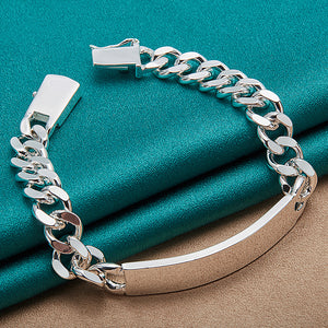 1pc Stylish 10MM Sterling Silver Men's Curved Long Plate Chain Bracelet - A Perfect Gift For Man