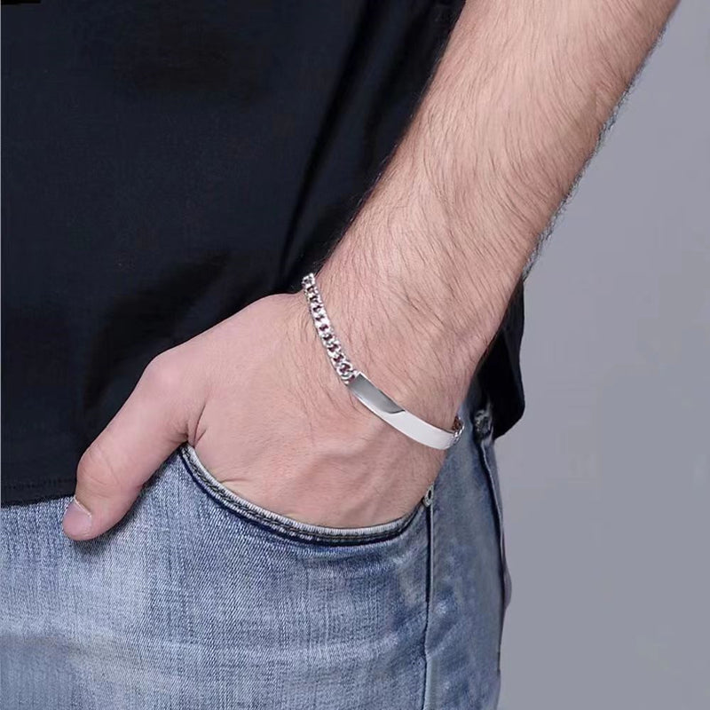 1pc Stylish 10MM Sterling Silver Men's Curved Long Plate Chain Bracelet - A Perfect Gift For Man