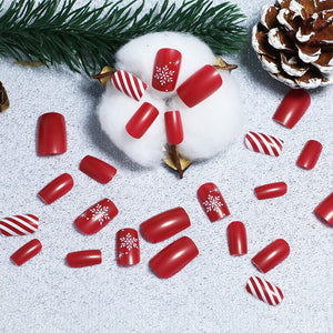 24pcs Glossy Medium Square Fake Nails, Christmas Press On Nails With Red White Stripe And Snowflake Design, Full Coverage False Nails For Wo